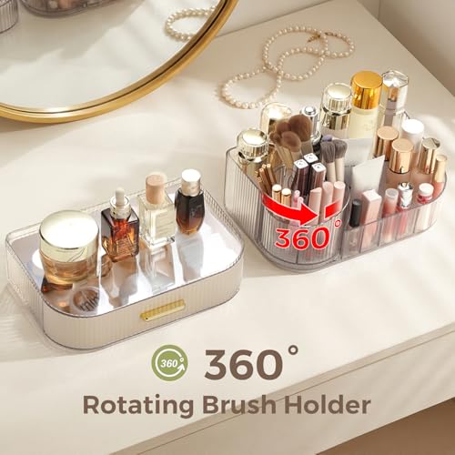 Delamu Makeup Organizer for Vanity with Stackable Drawers, 360 Rotating Makeup Brush Holder Large Cosmetic Display Case, Bathroom Skincare Storage, Elegant White, Ideal Christmas Gifts for Girls