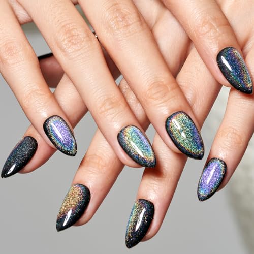 GLAMERMAID Press on Nails Short Almond, Handmade Rainbow Black Cat Eyes Gel Nails Polish Glue on Nails, Glossy Reusable UV Finish Fake Nails Acrylic False Nails Manicure Kit for Women Gift