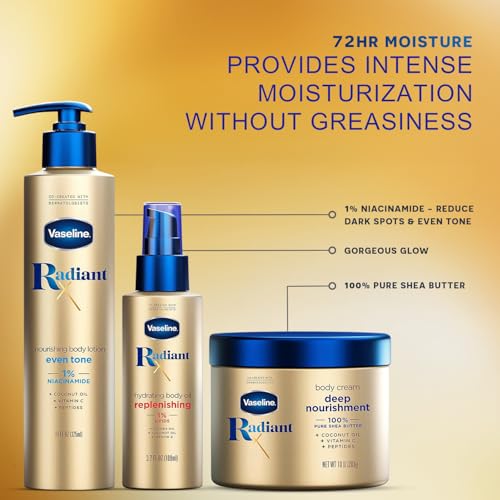 Vaseline Radiant X Skin Care Set ?Even Tone Nourishing Body Lotion with 1% Niacinamide, Deep Nourishment Body Cream with Vitamin C + Hydrating Body Oil with Vitamin E (3 Piece Set)