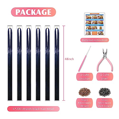 Black Hair Tinsel Kit 48 Inches with Tools & Instructions - Sparkling Hair Extensions for Women & Girls