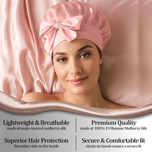 Silk Bonnets 100% Mulberry Silk Sleep Cap Breathable & Adjustable Sleeping Caps Non Slip Silk Hair Wrap Women Night Cap for Curly Hair with Elastic Tie Band Silk Satin Turban
