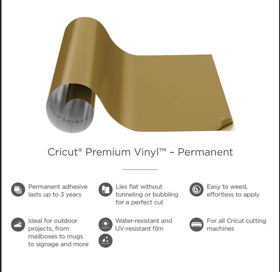 Cricut Premium Permanent Vinyl (12" x 48"), Strong Adhesive Lasts for 3 Years, UV & Water-Resistant, Perfect for Indoor-Outdoor DIY Projects, Compatible with Cricut Machines, Gold