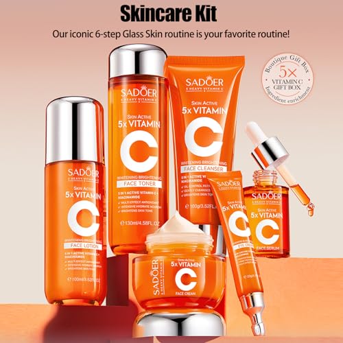 Vitamin C Skincare Set With Cleanser, Toner, Face Serum, Face Cream, Eye Cream And Face Lotion, Facial Skin Care Set For Teenage Girls Travel Size - Vegan, Gluten Free, & Cruelty Free