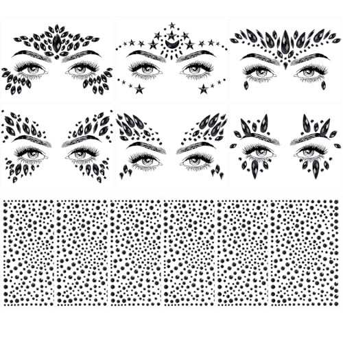 12 Sheets Halloween Face Gems Festival Face Jewels Face Rhinestones Face Rhinestones for Makeup Gems for Stickers Jewels for Carnival Festival Party (Black)