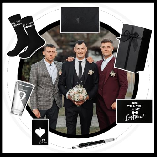 Qinyoung 7 Pcs Best Man Gifts Wedding Proposal Gift for Groomsman 16 oz Beer Glass Cup Bottle Cap Opener Socks Multi Tool Ballpoint Pen with Greeting Card Black Envelope Box(Best Man)