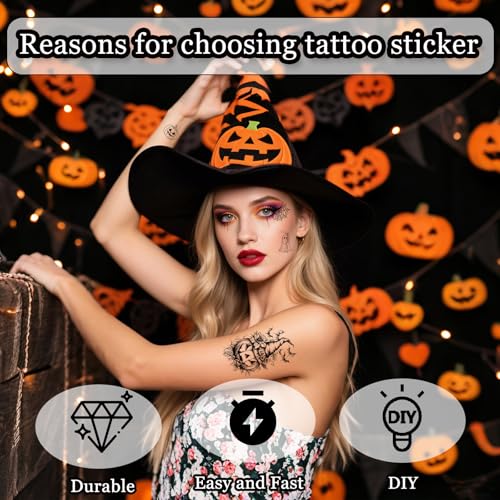 30 Sheets Halloween Inspired Temporary Tattoos Stickers with Grim Reaper Ghosts Pumpkins Skeletons Bats for Halloween Party Cosplay and Horror-themed Party Makeup