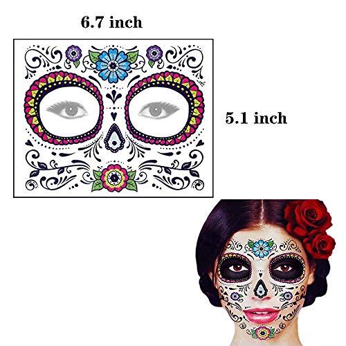Day of the Dead Face Tattoo Halloween Makeup Tattoos Decor Stickers Sugar Skull Temporary Tattoo for Halloween Masquerade Party with Floral, Glitter Roses, Web and Floral Skeleton Design 5 PACK