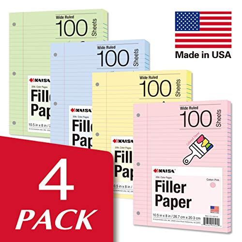 Kaisa Filler Paper Colored loose Leaf Paper, Wide Ruled 8x10.5in Colored Paper, 3-Hole Punched for 3-Ring Binders,100Sheets/pack 4Packs, FC10001W