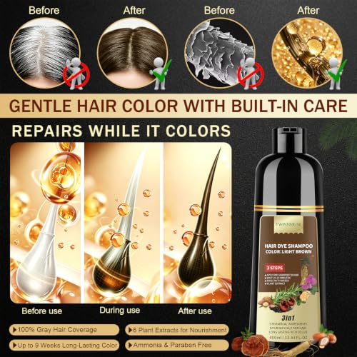 TWINNMUSE Light Brown Hair Dye Shampoo 3-in-1 Semi-Permanent Hair Color for Gray Coverage