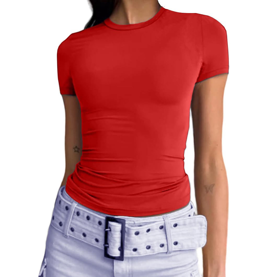 Abardsion Women's Casual Basic Going Out Crop Tops Slim Fit Short Sleeve Crew Neck Tight T Shirts (Big Red, S)