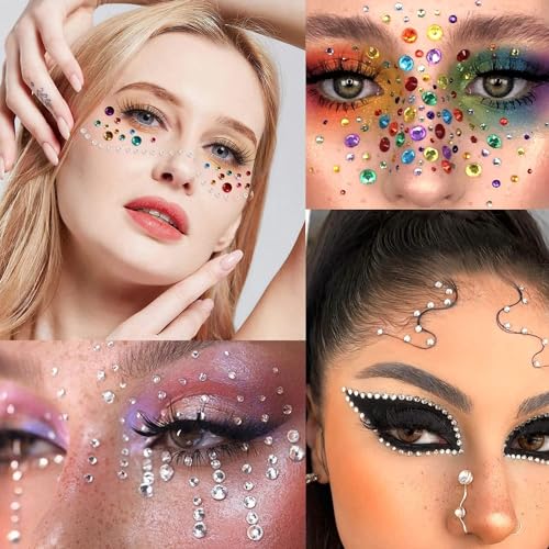 1100 Pcs 15 Colors Rainbow Rhinestones Self Adhesive Halloween Rhinestones for Makeup Eyes Face Jewels Body Gems Stick on Festival Accessories Costume Body Nail DIY Makeup 3mm 4mm 5mm¡¦