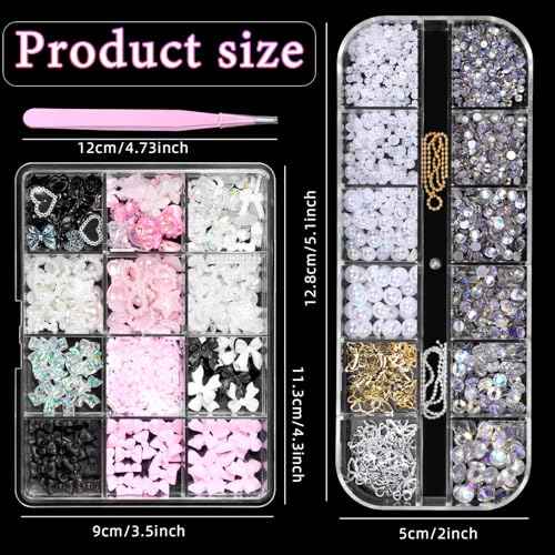 3D Assorted Nail Charms Gems, Bow Bowknot Butterfly Flower Acrylic Nail Art Charms, Half Round Nail Pearl and Rhinetones Charms for DIY Nail Art Accessories
