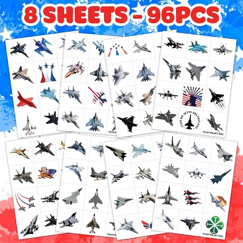 Jet Temporary Tattoos Stickers for Kids Boys Girls ? 96PCS Fighter Jet & Airplane USA Designs ? Birthday Party Favors, Supplies, Decorations, Military Pilot Themed Birthday Gifts Prizes Rewards
