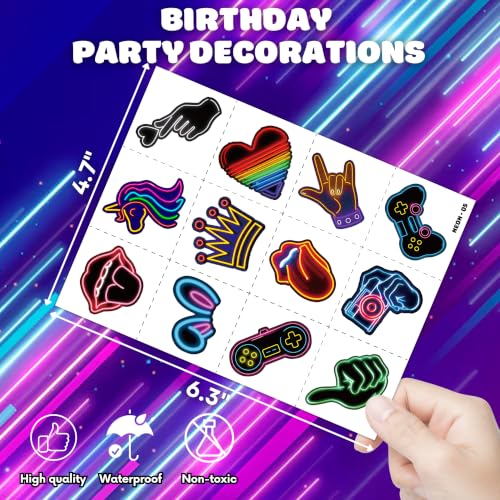 96 Neon Temporary Tattoos for Kids & Adults - 8 Sheets