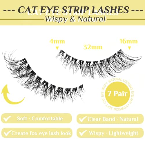 Natural Lashes Fox Eye Wispy Lashes Clear Band False Eyelashes Cat Eye Strip Lashes Foxy Lash Extensions 7 Pairs