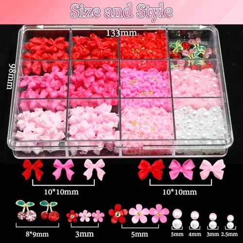 BELICEY 3D Nail Charms Red Pink Bow Cherry Flower Charms for Nails Mix Size Flatback Nail Pearls Gold Caviar Beads Nail Gems Rhinestones with Tweezer Picker Pen for Manicure DIY Nail Art Design Crafts