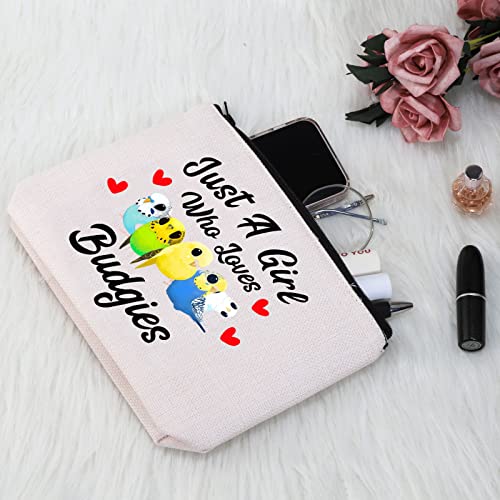 G2TUP Budgie Lover Gift Who Loves Budgies Makeup Bag Budgie Mom Cosmetic Bag Parakeet Pet Bird Lover Gift for Budgerigar Girls Women (Who Loves Budgies White Bag)