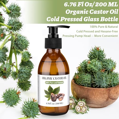 KSSZZCO 6.76 fl oz Organic Castor Oil Cold Pressed (Glass Bottle), 100% Pure and Natural and Hexane Free Castor Oil for Hair & Skin, Eyelashes, Eyebrows, Joint