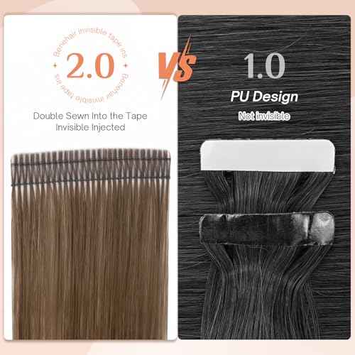 Benehair Tape in Hair Extensions Human Hair, Dark Brown Remy Hair Extensions Straight Human Hair Tape in Extensions Invisible 10pcs 20g 14 inch