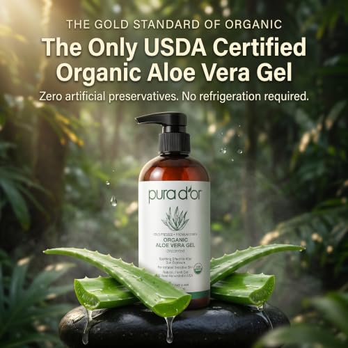 PURA D'OR Organic Aloe Vera Gel 16 oz - USDA Certified
