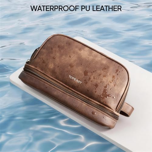 TOPEAST Large PU Leather Toiletry Bag for Men - Waterproof Dopp Kit
