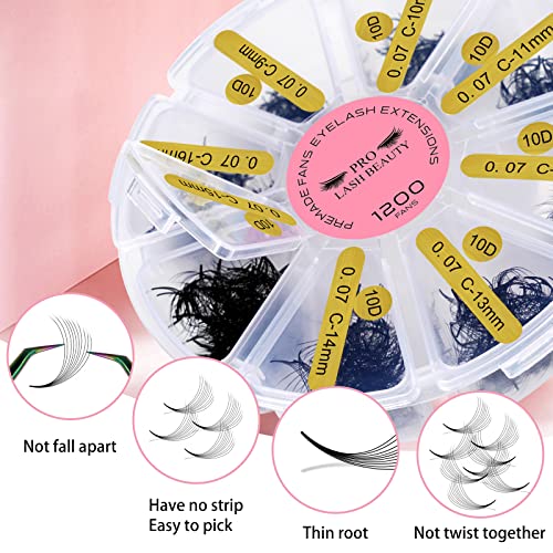 PRO LASHBEAUTY 1200 Fans Premade Volume Lash Extension Mixed Tray 5D-14D Handmade Lashes Bulk Soft Pointed Fans Black Nylon False Eyelashes