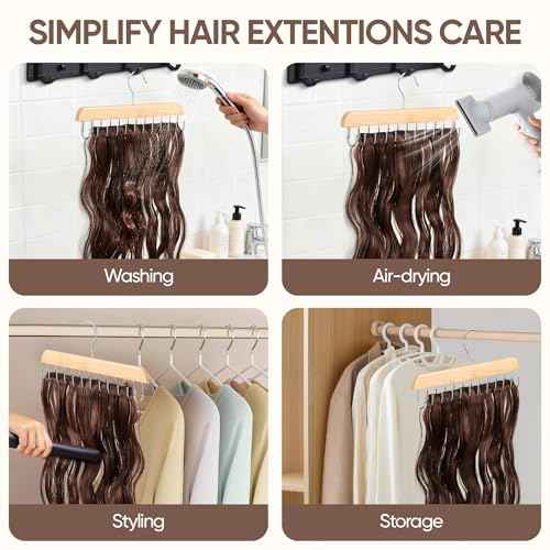 ¡¼2 Pack¡½ Wood Hair Extension Holder for Hair Storing, Washing, Drying, Coloring, Styling, Foldable Belt Hanger, Rotating Multi-Purpose Hooks Hanger, Hanging Closet Organizer
