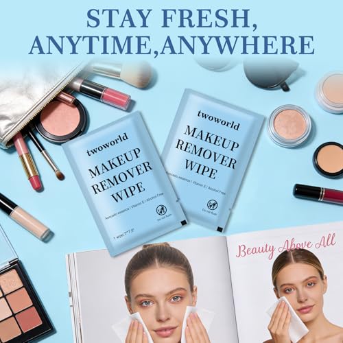 Twoworld Makeup Remover Wipes Bulk Individually Wrapped,Travel Makeup Wipes Gentle for Face Cleansing Mascara Lipstick Travel Hotel(Cucumber,Pack of 100)