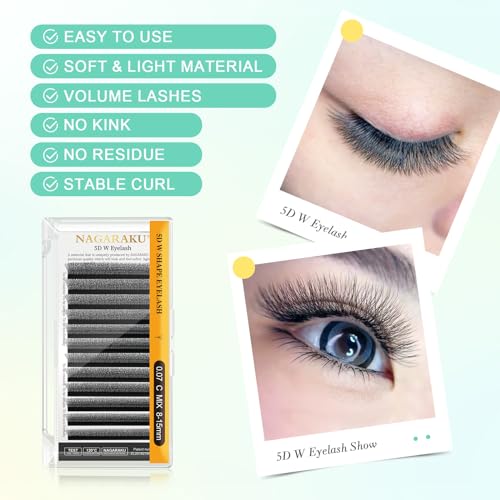 NAGARAKU 5D W Shape Eyelash Extension Supplies Natural Soft Volume 0.07mm D curl 10mm Premade Fans Faux Mink Matte Black Cluster Easy Fanning False Lashes