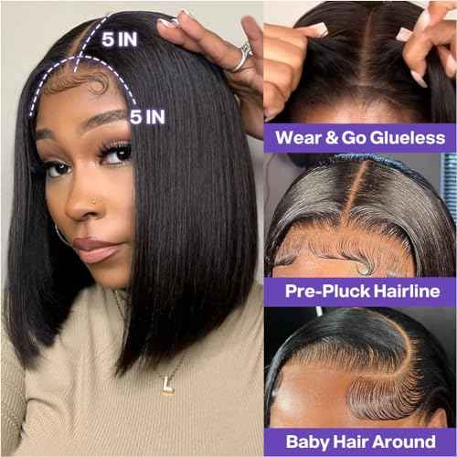 Wear and Go Glueless Bob Wig Human Hair 200% Density 5x5 HD Lace Closure Wigs For Black Women Glueless 5x5 Closure Wigs Human Hair Pre Plucked Bob Black Color 14 Inch
