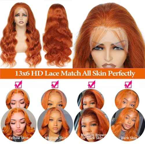 26 Inch 13¡¿6 Ginger Lace Front Wigs Human Hair Orange Ginger Body Wave HD Lace Frontal Wigs for Women 180% Density #350 Color Glueless Wig Pre Plucked Super Soft