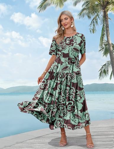 YESNO Women Casual Loose Bohemian Floral Dress with Pockets Short Sleeve Long Maxi Summer Beach Swing Dress S EJF CR430