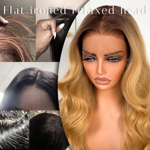 BlackSwern T1B/27 Ombre Honey Blonde 13x6 Synthetic Lace Front Wig,HD 13x6 Lace Frontal Wig Brown To Honey Blonde Pre-Plucked,26inch Body Wave Wigs 200 Density,Pre-Plucked PLUS 1.5¡¯¡¯ Hairline