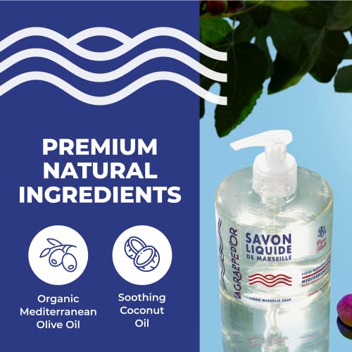La Grappe d'Or Mediterranean Fig Marseille Hand Soap with Essential Oils | Handmade in France from Moisturizing Organic Olive & Coconut Oil | Natural, Cruelty-Free & Vegan, 11.10 oz Liquid