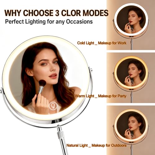 10X Magnifying Makeup Mirror with Lights - 3-Color LED, Adjustable