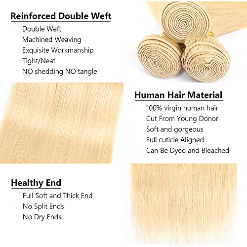 AuokMar Blonde S 30 32 34 Inch 613 Straight Human Hair Bundles Double Weft - Soft & Natural