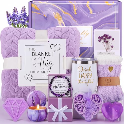 Birthday Gifts for Women Self Care Gift Set, Purple Relaxing Spa Gift Baskets for Women Get Well Soon Care Package, Personalized Happy Mothers Day Gifts for Mom Wife Grandma Daughter Sister Friends