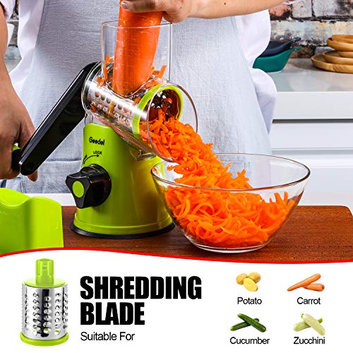 Geedel Rotary Cheese Grater, Kitchen Mandoline Vegetable Slicer with 3 Interchangeable Blades, Easy to Clean Rotary Grater Slicer for Fruit, Vegetables, Nuts