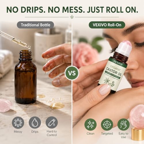 TOGOLIUN Organic Castor Oil Roll-On with Rose Quartz Roller Ball - Unscented, 1.7oz