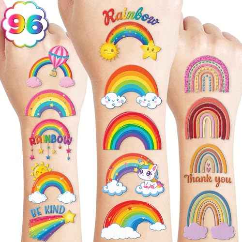96 PCS Rainbow Pastel Rainbow Pre-Cut Temporary Tattoos for Kids | Super Cute Themed Birthday Party Favors, Supplies, Decorations, Colorful Fake Tattoo Stickers (Multiple)