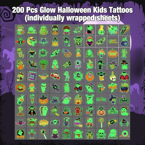 Glow Halloween Tattoos, 200 PCS Individually Wrapped Glow in the Dark Temporary Tattoos, Luminous Halloween Stickers Party Decorations, Halloween Party Favors Supplies Goodie Bag Fillers