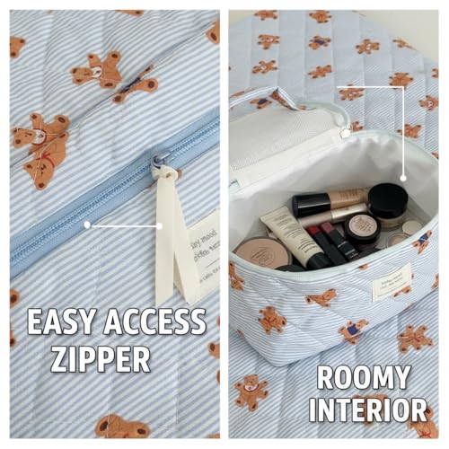 Women Adorable Quilted Fabric Cosmetic Bag Set, 3-Piece Cartoon Bear Makeup Organizer with Zipper, Easy Travel Home Storage (White)