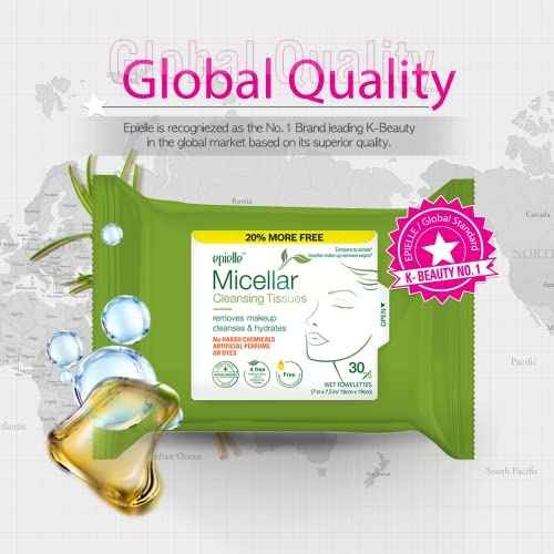 Epielle Micellar Makeup Remover Wipes, Gentle & Hydrating Daily Facial Cleanser Towelettes, Remove Dirt, Oil, Waterproof Mascara, Stocking Stuffers, Thanksgiving Essentials, 30 Count (Pack of 4)