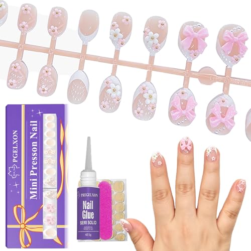 24pcs Kids Press On Nails - Trendy Ballet Bow & Flower Designs