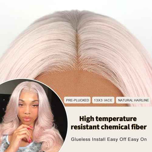 Pink Lace Front Wigs Long Wavy Wigs for Women Long Curly Synthetic Lace Frontal Wig Loose Wave Wig Heat Resistant Glueless Synthetic for Daily Party 24 Inch