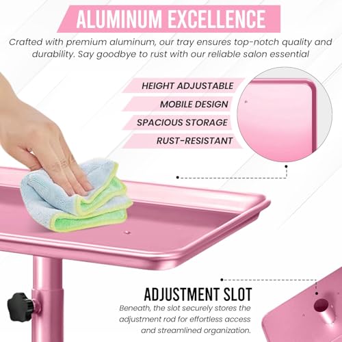 JayGlobal Pink Salon Tray On Wheels, Premium Aluminum Rolling Tattoo Tray, Height Adjustable Tattoo Cart Trolley for Hairstylist Salon, Spa & Clinic