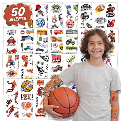 Kids Temporary Tattoos 50 Sheets - 300+ Styles Sports & Transportation