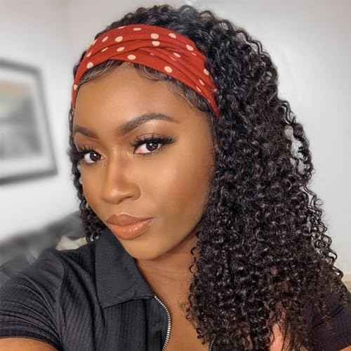 Headband Wig Human Hair Kinky Curly human hair Headband Wigs Machine Made Curly Wig 150% Density Virgin Human Hair Wigs for Black Women Natural Color (Headband Wig, 20inch)