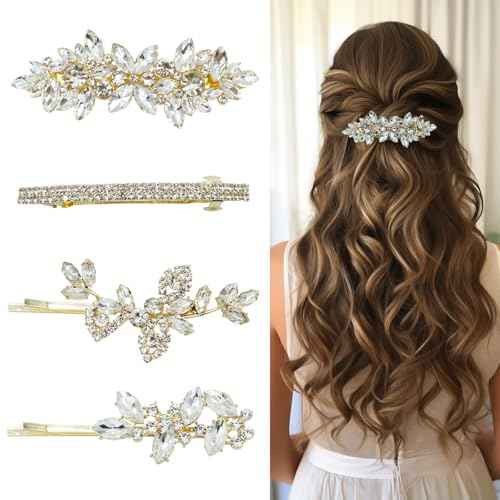 4 Pieces Rhinestone Hair Clips Gold Leaf Wedding Hair Pins Crystal Bobby Pins Silver Bridal Hairpin Barrette for Brides Bridesmaids Flower Girls