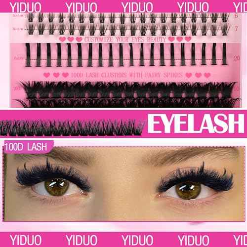 Lashes Clusters Kit Bottom Lashes with Spikes 100D Cluster Eyelash Extensions Kit 10-120mm D Curl Volume Manga DIY Individual Strips Lashes Thick with Lash Bond and Seal Tweezers Remover